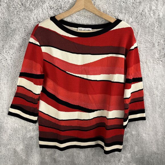 VINTAGE ST. JOHN Collection Top Womens Medium Red White Abstract Wool Blend - Picture 1 of 6